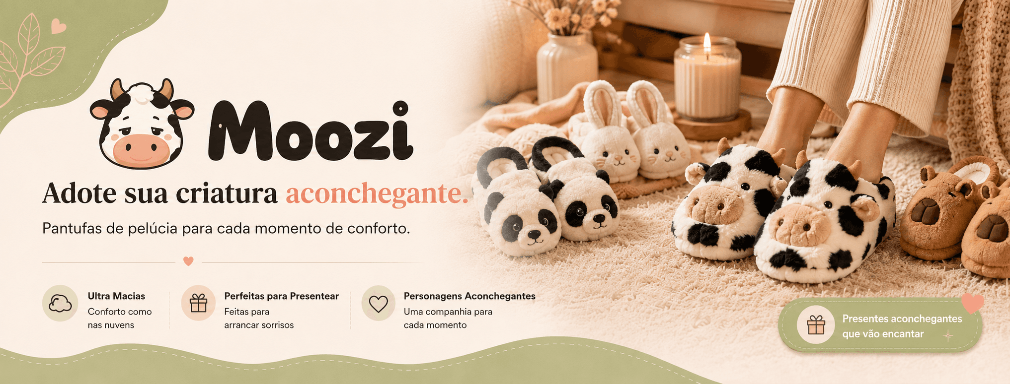 Detalhes visuais da coleção de pantufas Moo Mellow